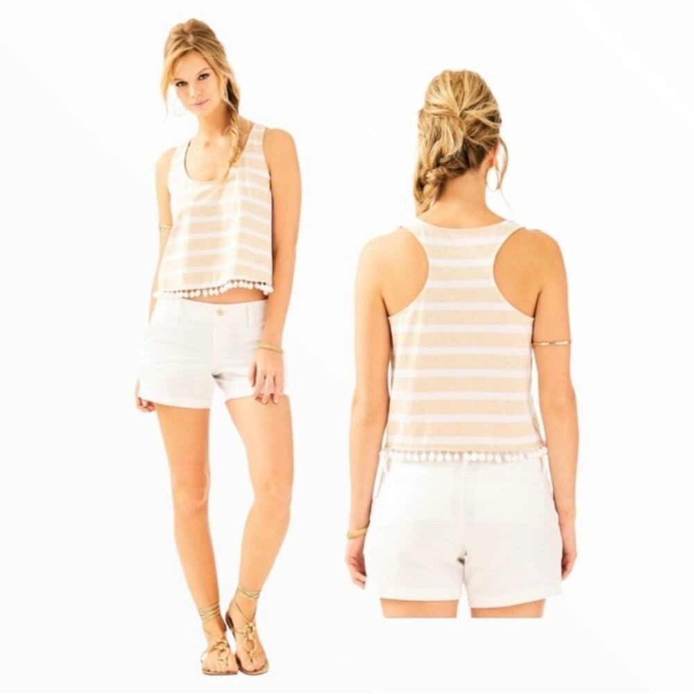 Lilly Pulitzer Tan White Shirley Striped Pom Hem Tank Top XS